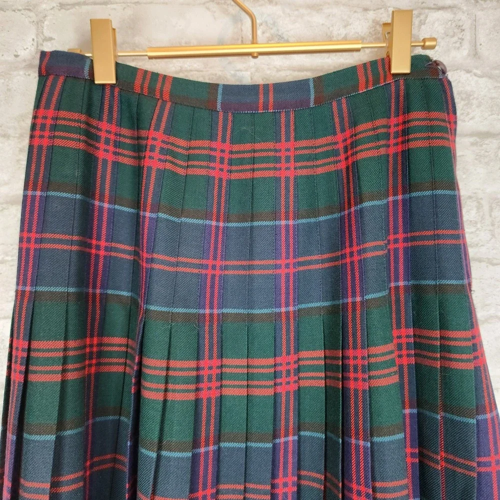 Aljean Skirt Vintage Plaid Pure Virgin Wool Pleated Kilt Midi Green Red 28W